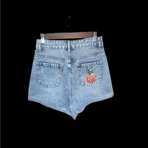 Blue Denim Women Shorts with Pineapple Embroidery